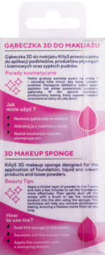 Tył różowo-białego opakowania gąbeczki KillyS 3D do makijażu z instrukcjami użycia dla podkładów i pudrów.