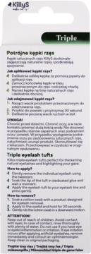 Tył opakowania KillyS Triple Eyelash Tufts. Biało-zielone pudełko z instrukcją użycia w języku polskim i angielskim.