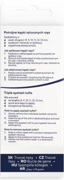 Tył opakowania KillyS Potrójne kępki rzęs z polsko-angielskimi instrukcjami aplikacji i rozmiarami 8-13mm.