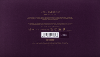 Tył bordowego opakowania perfum unisex Xerjoff Uden Overdose 50ml z białymi napisami i kodem kreskowym.