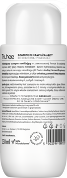 Tył białej butelki szamponu Tri.hee nawilżającego do codziennej pielęgnacji, z listą składników.