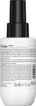 Tri.hee Kojące serum do skóry głowy, biała butelka z czarnym atomizerem, tył opakowania z etykietą PL.