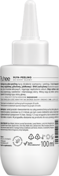 Tył białej butelki Tri.hee Płyn-peeling do skóry głowy z kwasami AHA/BHA. Tekst, instrukcje, 100ml.