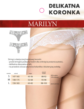 Białe koronkowe stringi Marilyn typu thong na modelce, widok z tyłu, z delikatnym wykończeniem z tiulu.