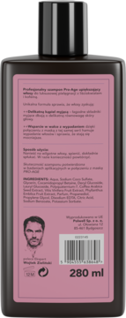 Tył czarnej butelki szamponu Pro-Age Hair Expert 280 ml. Różowa etykieta ze składnikami i kodem kreskowym.