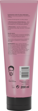 Tył różowej tubki Hair Expert, odżywcza maska do włosów Pro-Age z listą składników i objętością 200 ml.