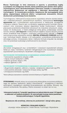 Rozmyta biała strona dokumentu Biovax TrychoLogic, opisująca ampułki przeciw wypadaniu włosów.