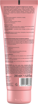 Tył różowego opakowania szamponu Biovax Volumetry Treatment 200ml, opis składników i działanie po polsku i ang.