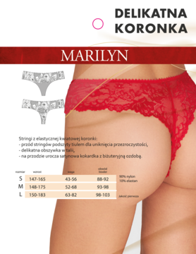Czerwone koronkowe stringi Marilyn na modelce, tył, elastyczne, z kwiatowej koronki i tiulowym podszyciem.