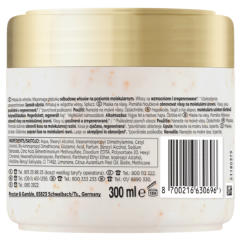 Tył opakowania maski Pantene Pro-V Miracles Molecular Bond Repair z widocznym składem, kodem kreskowym i pomarańczowymi drobinkami.