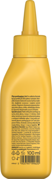 Tył żółtej butelki Neboa Strong Scalp płynu peelingującego 2w1 z tekstem informacyjnym i kodem kreskowym.