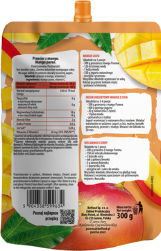 Tył foliowego opakowania Purena mango puree 100% owoców, z etykietą zawierającą informacje odżywcze i przepisy.