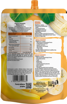 Tył saszetki Purena 100% przecier bananowy z wit. C, grafika banana, tabela wartości odżywczych, teksty PL.