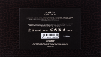 Tył czarnego opakowania perfum unisex Malesia Xerjoff 50ml, z białym tekstem i kodem kreskowym.
