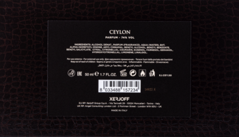 Tył czarnego opakowania perfum unisex Xerjoff Ceylon 100 ml, z białymi napisami i kodem kreskowym.