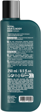 Tył butelki ciemnoturkusowego szamponu Total Hair & Body Men Wash 250ml z etykietą i kodem kreskowym.