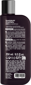 Tył czarnej butelki szamponu Dandruff Control Men 250ml, widoczne szczegóły opisu i składników.
