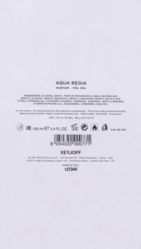 Tył opakowania perfum Xerjoff Aqua Regia 100ml, widoczna lista składników, kod kreskowy i oznaczenia producenta.