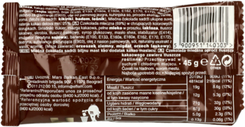 Tył opakowania M&M's Chocolate 45g: czekoladowych kulek, z widocznym składem, tabelą odżywczą i kodem kreskowym.