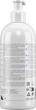 Tył białej butelki nawilżającego szamponu Seboradin Hydro Balance 400ml z pompką, z listą składników.