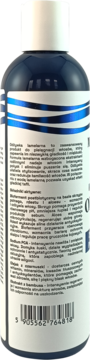 Tył ciemnoniebieskiej butelki wygładzającej odżywki lamelarnej Mysterium, z białą nakrętką i polskim opisem składników.
