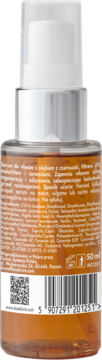 Tył brązowej butelki serum Bioelixire z czarnuszki, 50 ml, z listą składników i kodem kreskowym.