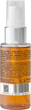 Tył brązowej butelki serum do włosów Bioelixire z olejkiem arganowym i filtrem UV SPF 12, widoczna lista składników.