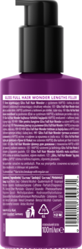 Tył fioletowego kremu Gliss Full Hair Wonder Lengths Filler, wzmacniający włosy, z etykietą składników.