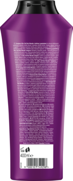 Tył fioletowego szamponu Gliss Full Hair Wonder z kofeiną, peptydami, dla włosów delikatnych, 400ml, widoczny kod kreskowy.
