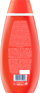 Tył czerwonego szamponu Schauma z hibiskusem i rozmarynem 400ml, widoczne szczegóły składu i barcode.