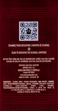 Tył ciemnoczerwonego opakowania męskiej wody toaletowej Scandal Jean Paul Gaultier z QR kodem.