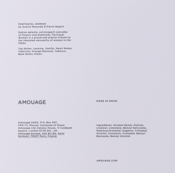 Informacyjna strona Amouage Portrayal Woman z opisem perfum, nutami zapachowymi i danymi producenta na białym tle.
