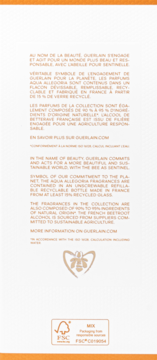 Tył opakowania Guerlain Aqua Allegoria Forte Oud Yuzu. Widoczne informacje o składzie, logo pszczoły i certyfikat FSC.