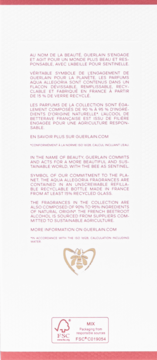 Tył opakowania Guerlain z informacjami o zrównoważonym rozwoju, złotym logo pszczoły i certyfikatem FSC.