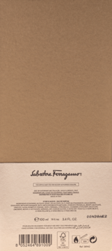 Tył opakowania woda perfumowana Salvatore Ferragamo Tuscan Creations E Pur Si Muove, beżowo-brązowe, z logo, składem i kodem kreskowym.