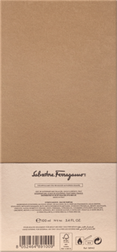 Tył kartonowego opakowania perfum Salvatore Ferragamo Tuscan Creations, brązowo-beżowy, z widocznym składem i kodem kreskowym.