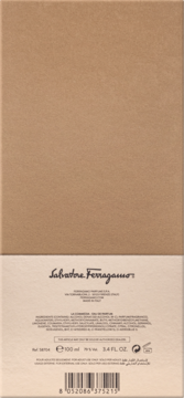 Tył kartonowego opakowania perfum Salvatore Ferragamo La Commedia 100ml z informacjami i kodem kreskowym.
