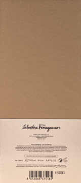 Tył beżowego opakowania perfum Salvatore Ferragamo EAU DE PARFUM 100ml z informacjami i kodem EAN.