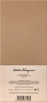 Salvatore Ferragamo Viola Essenziale woda perfumowana, tył beżowo-brązowego opakowania z listą składników i kodem kreskowym.
