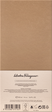 Tył brązowo-beżowego opakowania wody perfumowanej Salvatore Ferragamo 100 ml z kodem kreskowym i składem.