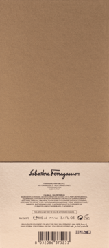 Beżowy tył opakowania perfum Salvatore Ferragamo Tuscan Creations Calimala 100 ml, z kodem kreskowym i tekstem informacyjnym.
