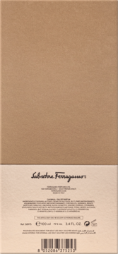 Tył brązowo-kremowego pudełka perfum Salvatore Ferragamo Tuscan Creations Calimala, 100ml EDP, z kodem kreskowym.