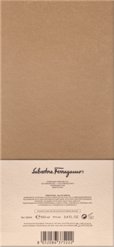 Tył kartonowego opakowania perfum Salvatore Ferragamo Tuscan Creations Terra Rossa w beżowo-brązowym kolorze, z logo i informacjami.