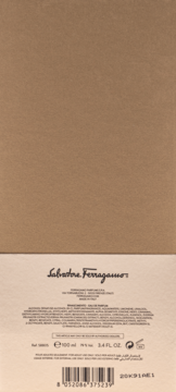 Tył kartonowego opakowania wody perfumowanej Salvatore Ferragamo Tuscan Creations Rinascimento, widok z danymi i kodem.