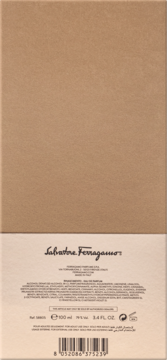 Tył pudełka perfum Salvatore Ferragamo Tuscan Creations Rinascimento EDP, brązowo-beżowe, z widocznym składem i kodem kreskowym.