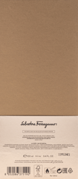 Tył opakowania perfum Salvatore Ferragamo Tuscan Creations La Corte, brązowy karton z białym dnem, widoczne napisy i kod.