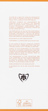 Tył opakowania Aqua Allegoria Guerlain z tekstem o zrównoważonym rozwoju marki i logo pszczoły na białym tle.