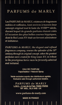 Tył czarnej etykiety męskiej wody perfumowanej Godolphin Parfums de Marly z białym tekstem i informacjami o marce.