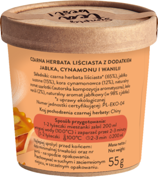 Tył okrągłego opakowania herbaty Brown House & Tea, czarna liściasta o smaku jabłka, cynamonu i wanilii, 55g.