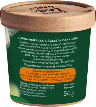 Tył okrągłego opakowania herbaty liściastej z ananasem Brown House & Tea, zielona etykieta ze składem.
